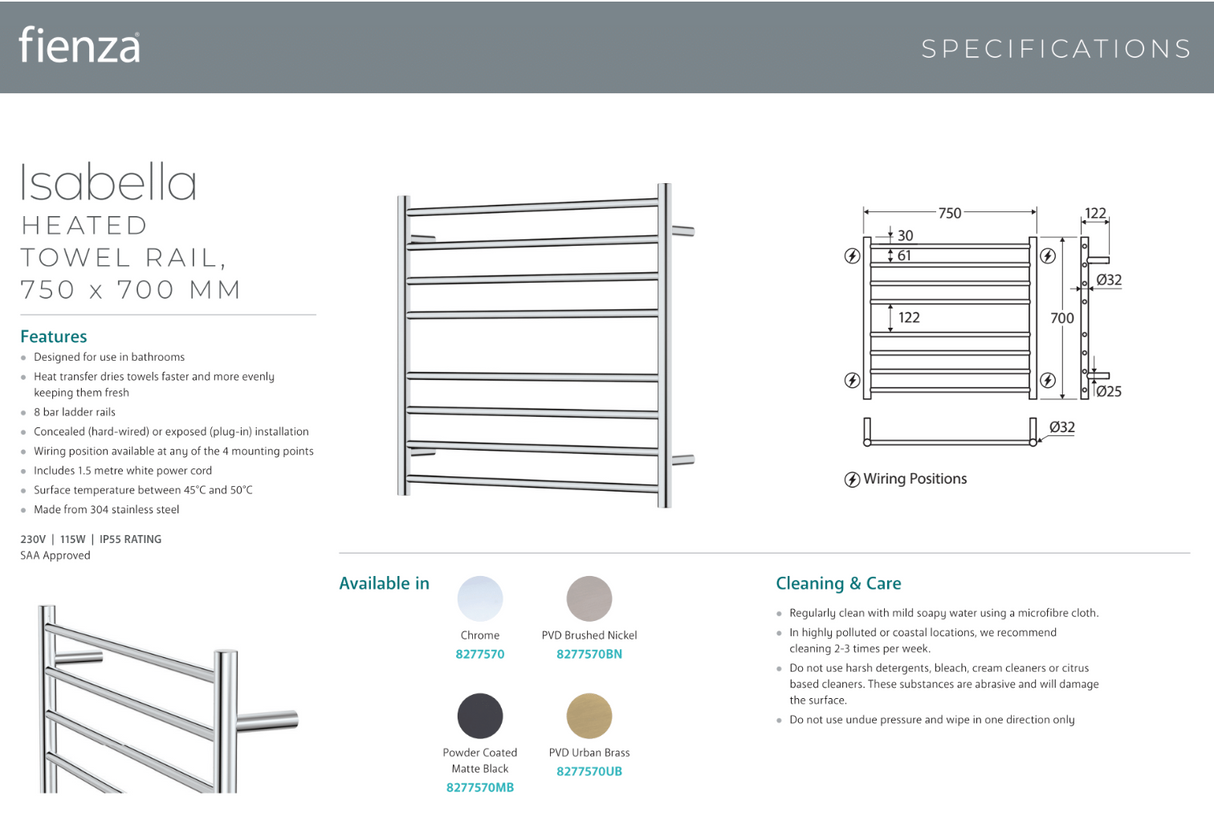 Fienza 8277570MB Isabella Heated Towel Rail, 750 x 700mm, Matte Black