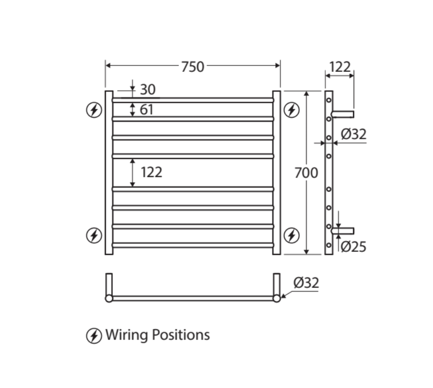 Fienza 8277570UB Isabella Heated Towel Rail, 750 x 700mm, Urban Brass