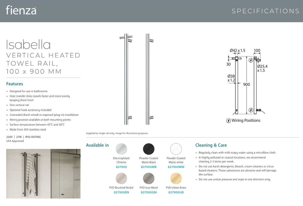 Fienza Isabella 827900UB Vertical Heated Towel Rail, 100 x 900mm, Urban Brass