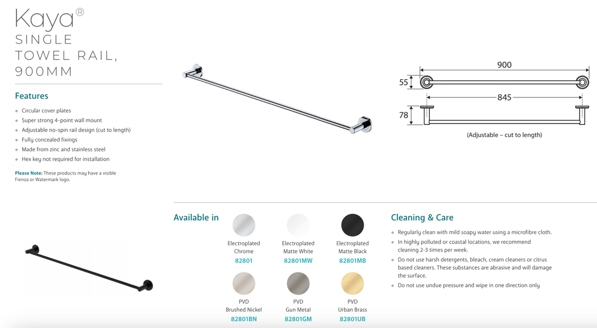 Fienza 82801MW Kaya 900mm Single Towel Rail, Matte White