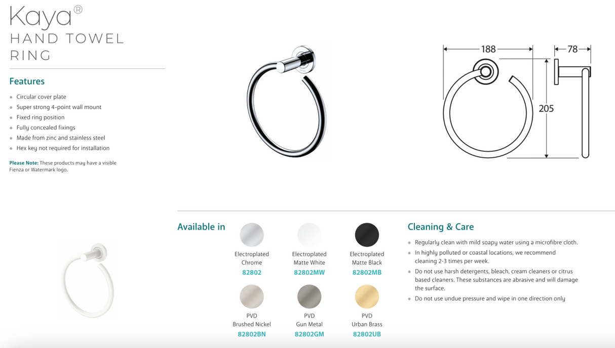 Fienza 82802MW Kaya Hand Towel Ring, Matte White