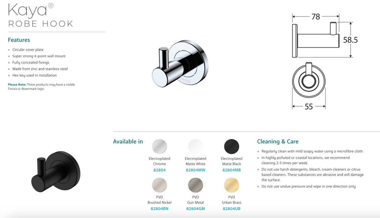 Fienza 82804MW Kaya Robe Hook, Matte White