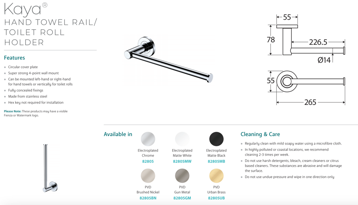 Fienza 82805MW Kaya Hand Towel Rail, Matte White
