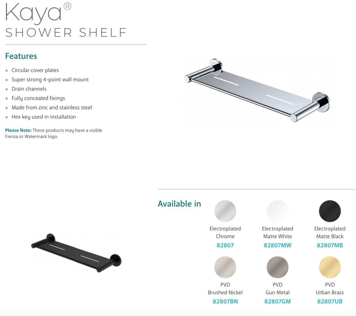 Fienza 82807MW Kaya Shower Shelf, Matte White