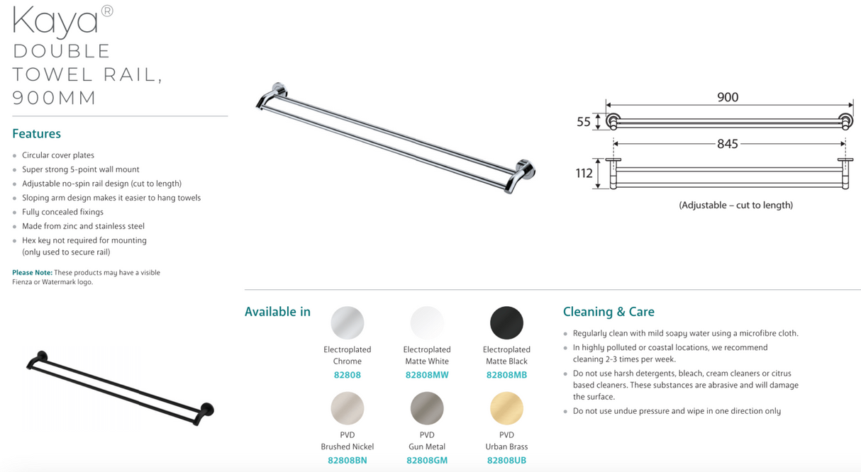 Fienza 82808MW Kaya 900mm Double Towel Rail, Matte White