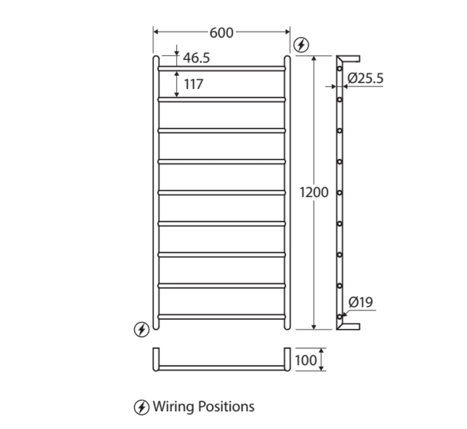 Fienza 82860120BN Kaya Heated Towel Rail, 600 x 1200mm, Brushed Nickel Finish