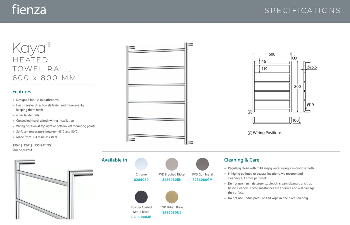 Fienza 8286080BN Kaya Heated Towel Rail, 600 x 800mm, Brushed Nickel