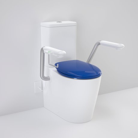 Caroma 846912ARSBNCR Care 660 Cleanflush Wall Faced Close Coupled Easy Height BI Suite with Nurse Call Armrests Right and Caravelle Double Flap Seat Sorrento Blue - Special Order