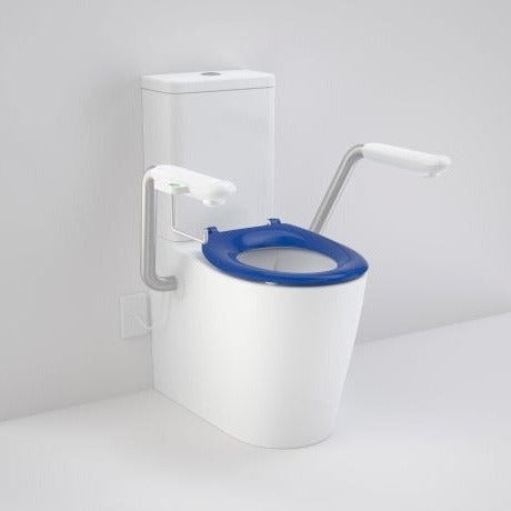 Caroma 846913ARSBNCR Care 660 Cleanflush Wall Faced Close Coupled Easy Height BI Suite with Nurse Call Armrests Right and Caravelle Single Flap Seat Sorrento Blue - Special Order