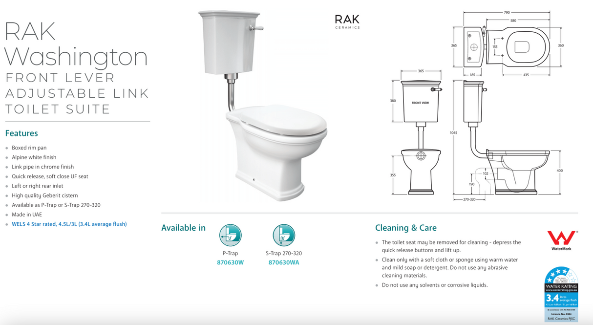 Fienza 870630WA Washington RAK Front Lever Adjustable Link S-Trap 270-320mm Toilet Suite, White