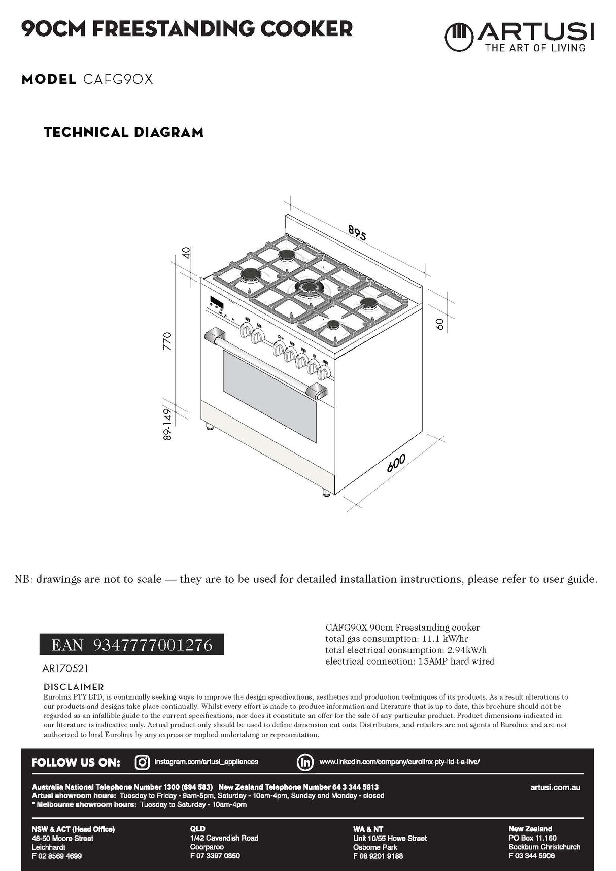 Artusi CAFG90X Oven 90cm Freestanding Dual Fuel Stove, Stainless Steel