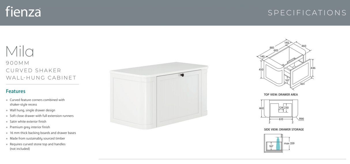 Fienza 90CM Mila Curved Satin White 900 Wall Hung Cabinet