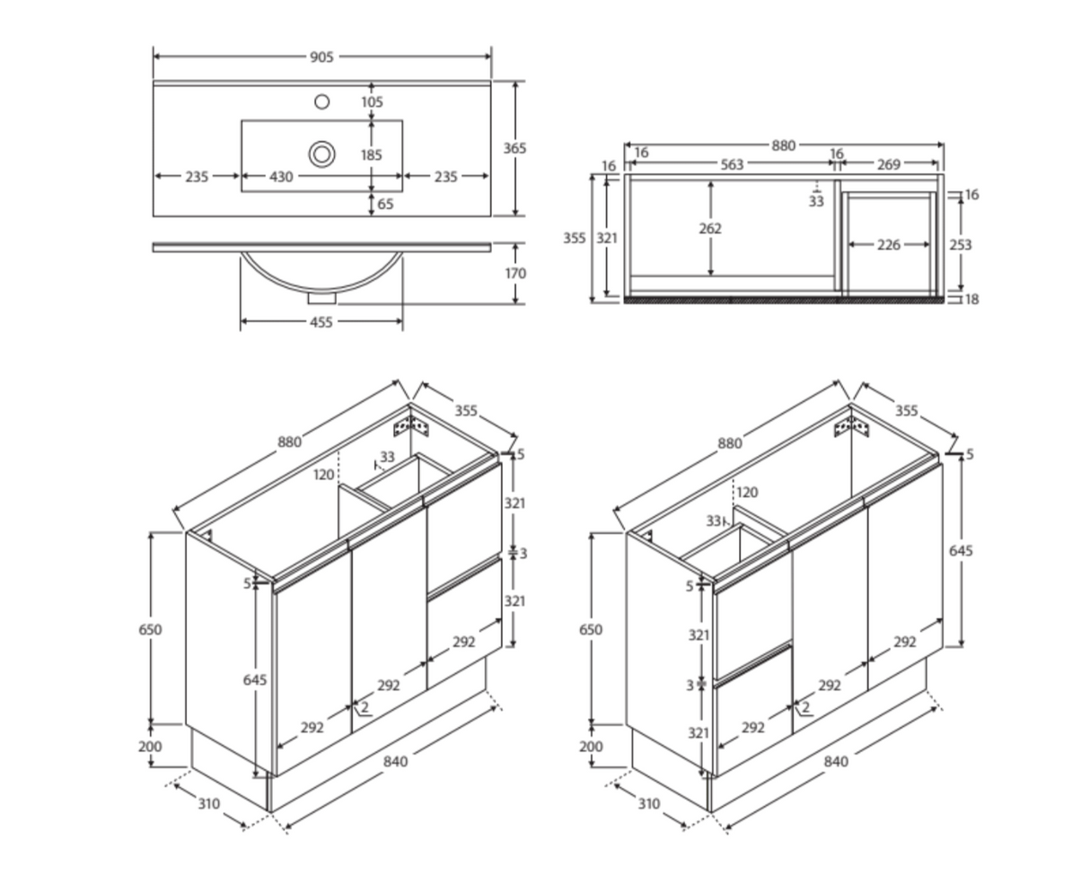Fienza Siska 90Dfkl Slim 900Mm Kickboard Vanity Unit Left Drawers Satin White - Special Order Units