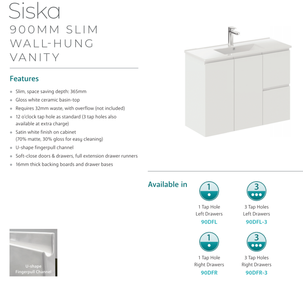 Fienza Siska 90Dfl 900Mm Slim Wall Hung Vanity Unit Left Drawers Satin White - Special Order Units