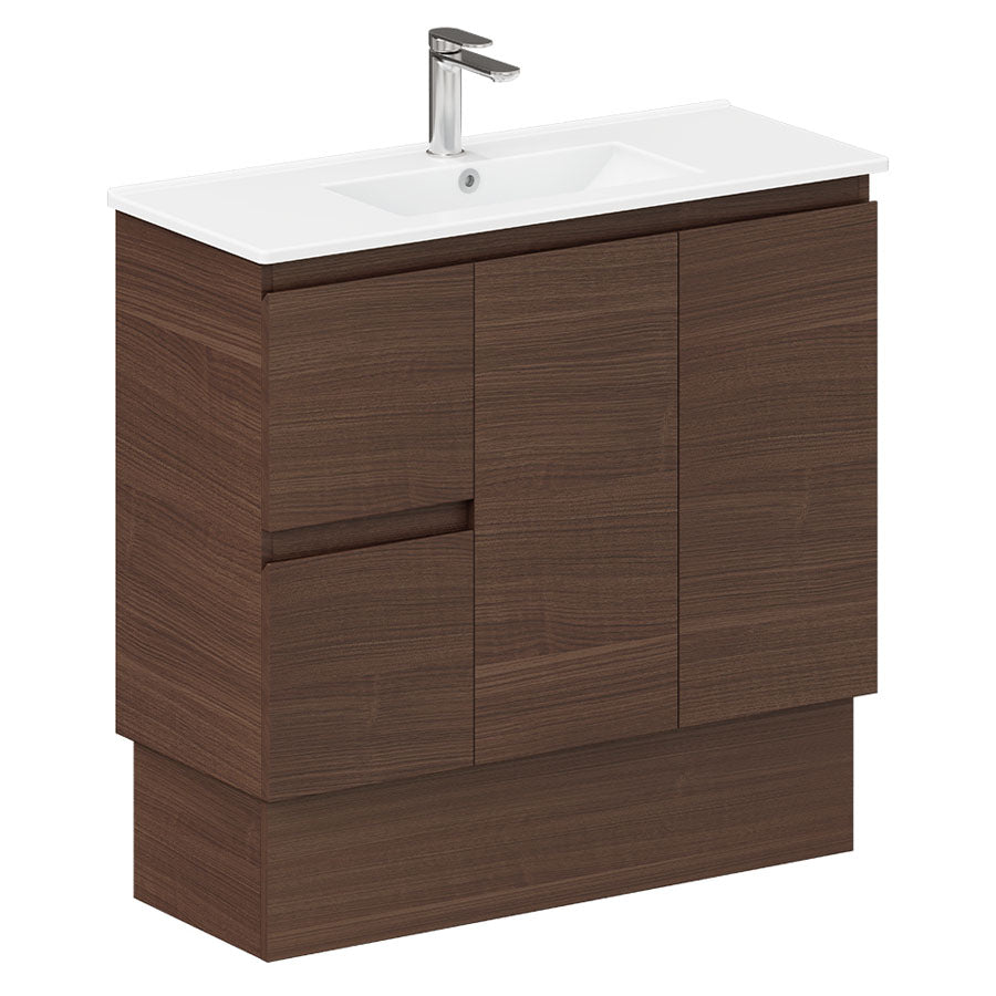 Fienza Siska 90DFWAKL Slim 900mm Kickboard Vanity Unit, Left Drawers, Walnut