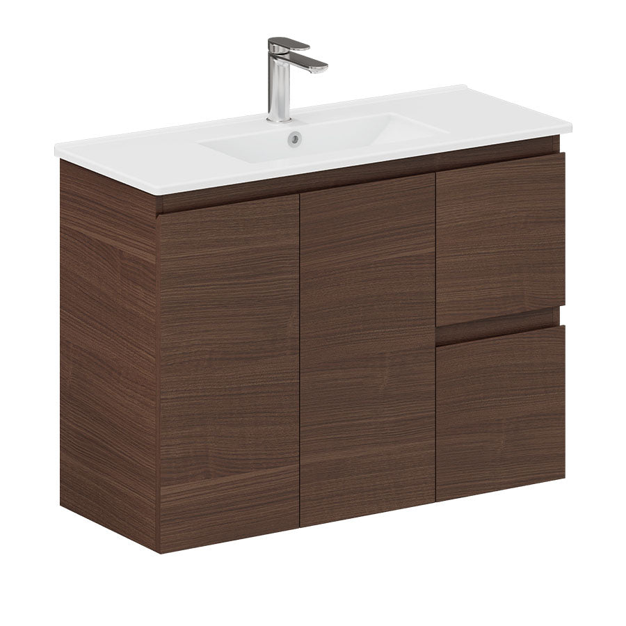 Fienza Siska 90DFWAR 900mm Slim Wall Hung Vanity Unit, Right Drawers, Walnut