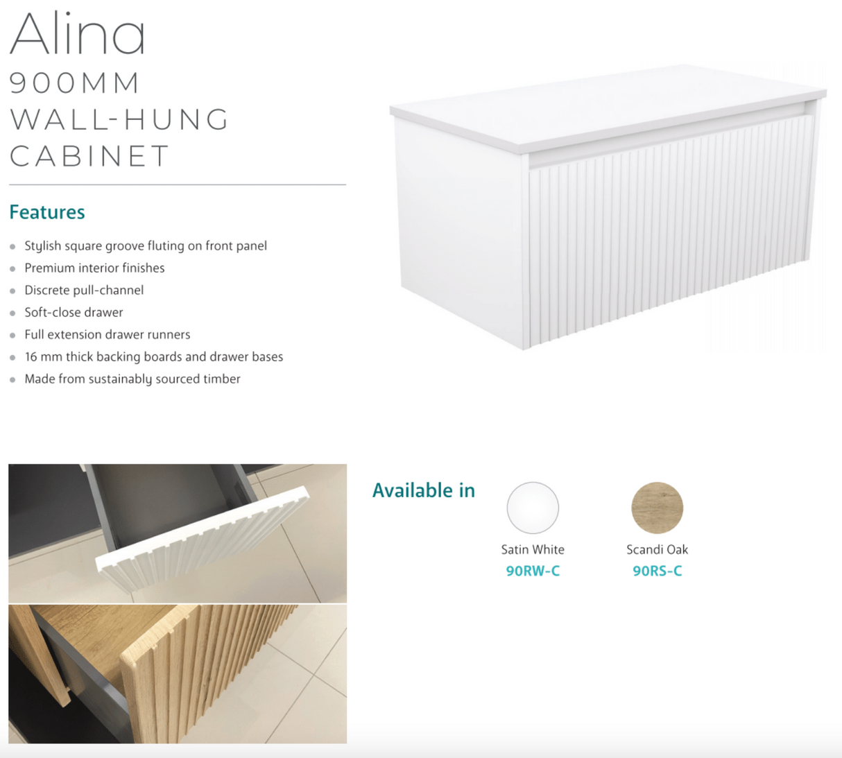 Fienza 90RS-C Alina Fluted Scandi Oak 900 Wall-Hung Cabinet, Cabinet Only, No Top