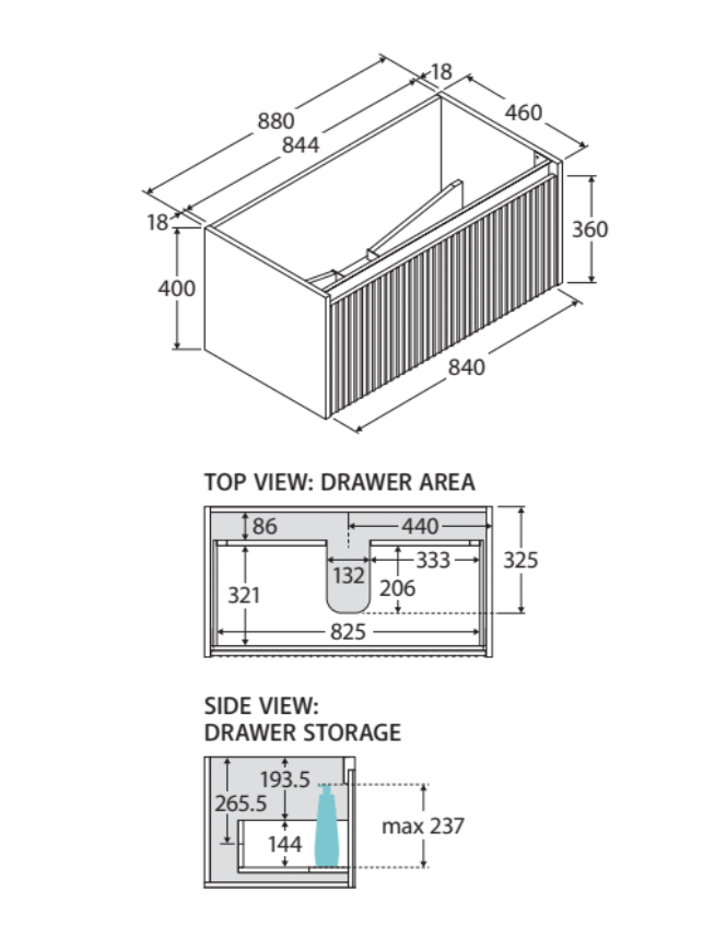 Fienza 90RS-C Alina Fluted Scandi Oak 900 Wall-Hung Cabinet, Cabinet Only, No Top