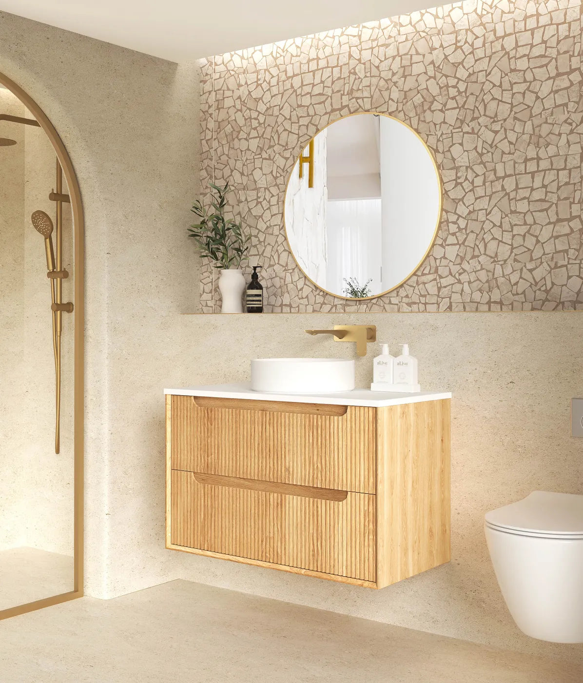 Otti Byron Wall Hung Vanity, Fluted Woodland Oak