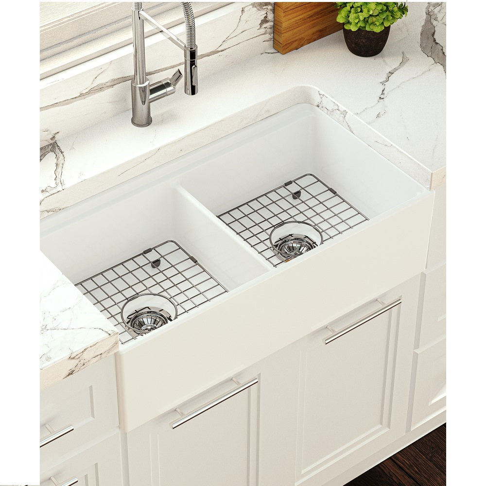 Seima 192517 Odessa 922 Ceramic Butler Sink, Double Bowl, 915x485mm Workstation, White Gloss with Gunmetal Basket Waste & Grid