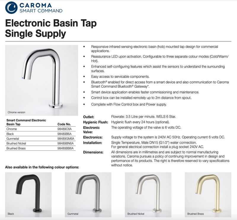 Caroma 98489BB6A Smart Command Electronic Hob Basin Tap Blended Brushed Brass - Special Order