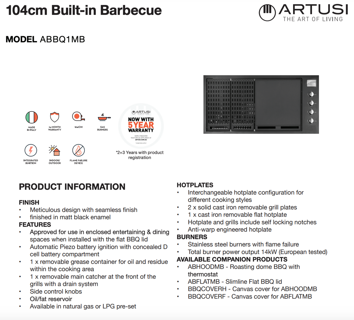 Artusi ABBQ1MB BBQ Built In Gas 4 Burner 1046mm, Black