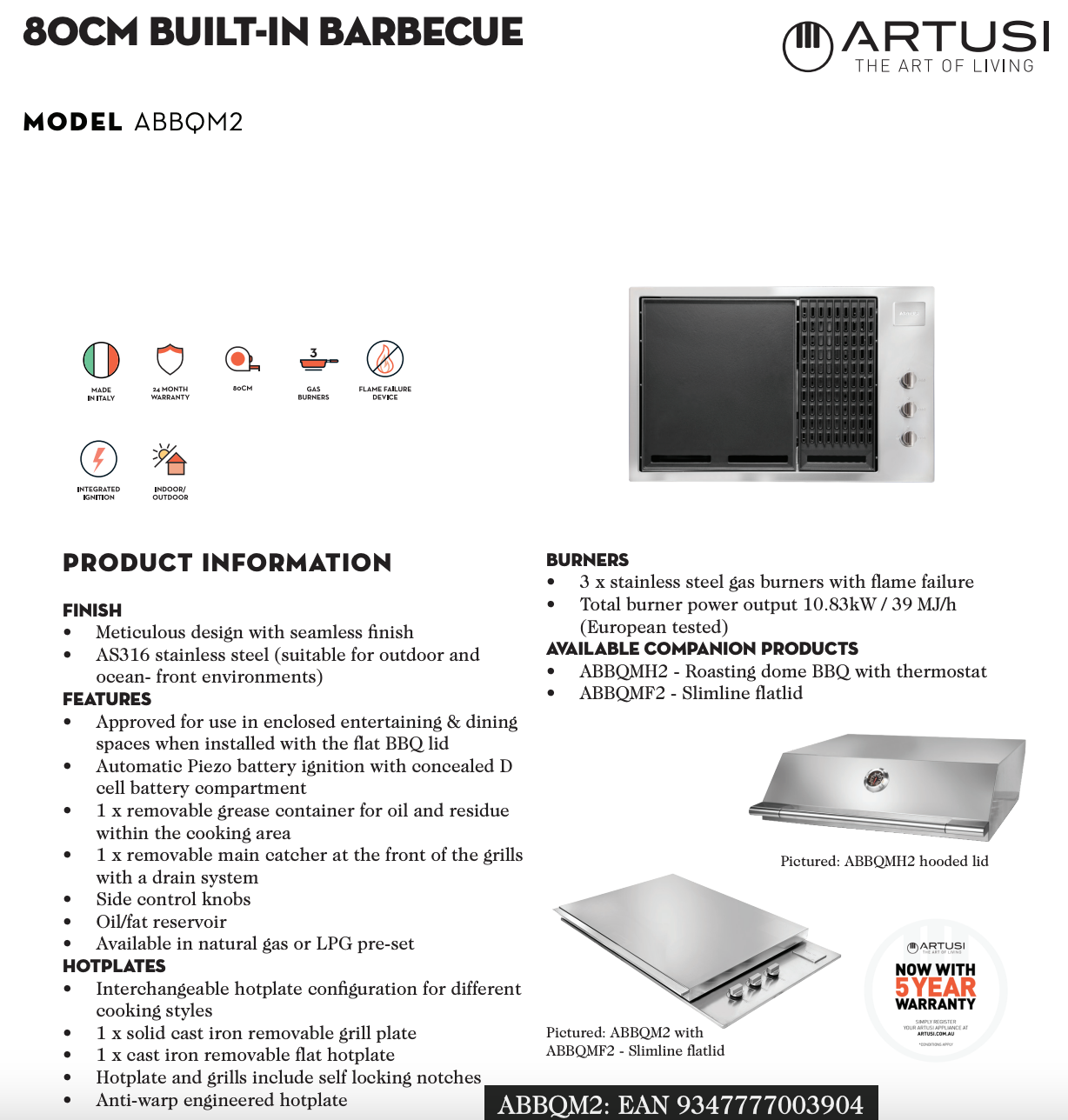 Artusi ABBQM2 800mm BBQ Built In Gas 3 Burner, Stainless Steel