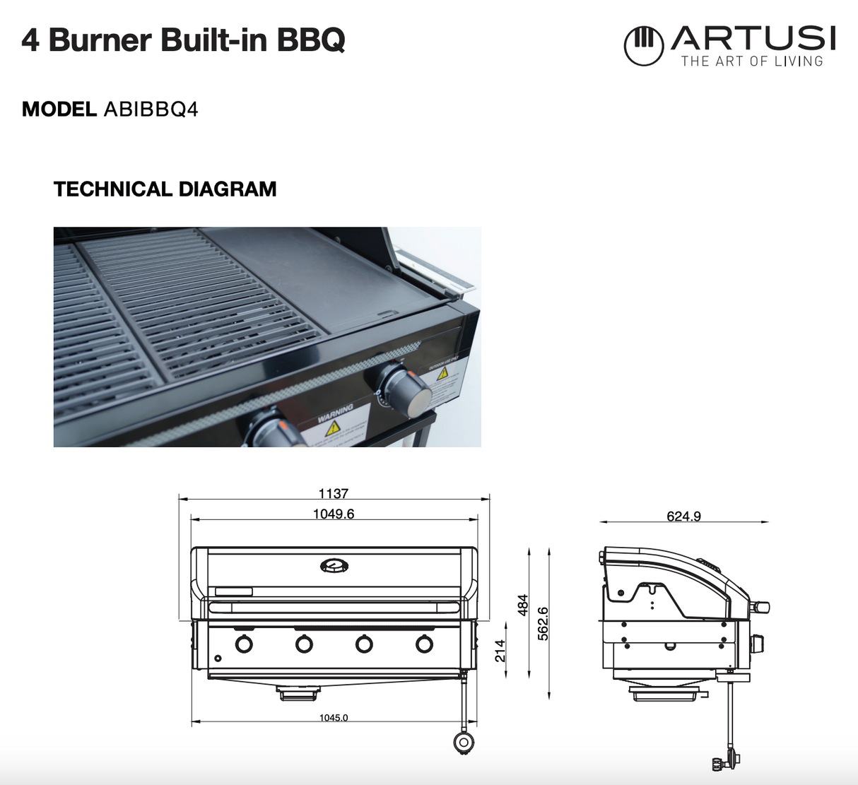 Artusi ABIBBQ4 Halmo Built-In 4 Burner Gas Grill, Black