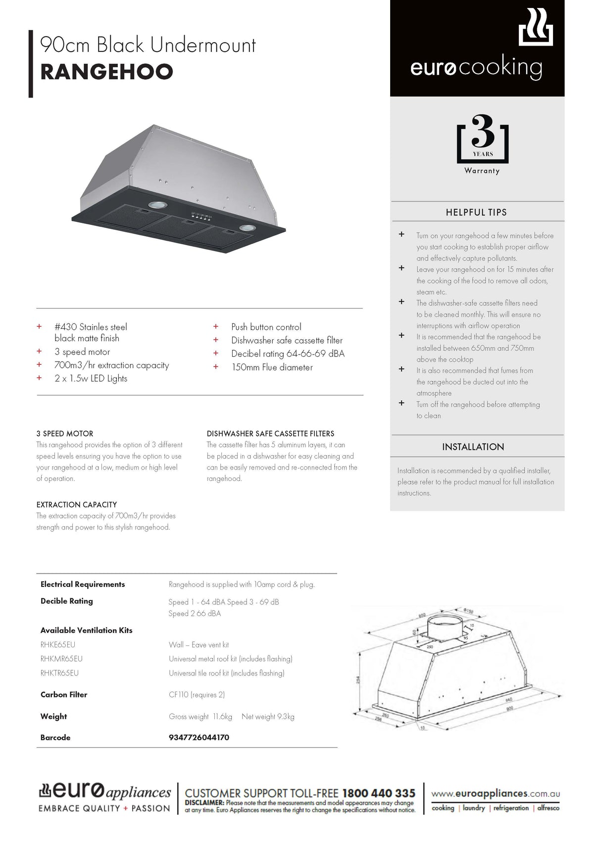 Euro Appliances EP900UMBK3 90cm Black Undermount Rangehood