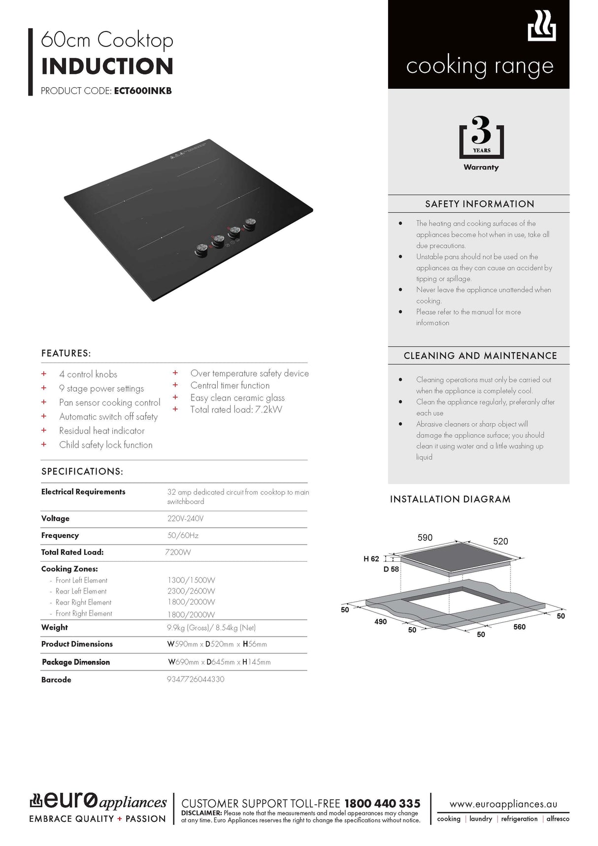 Euro Appliances ECT600INBK 60cm Induction Cooktop with Dial Controls