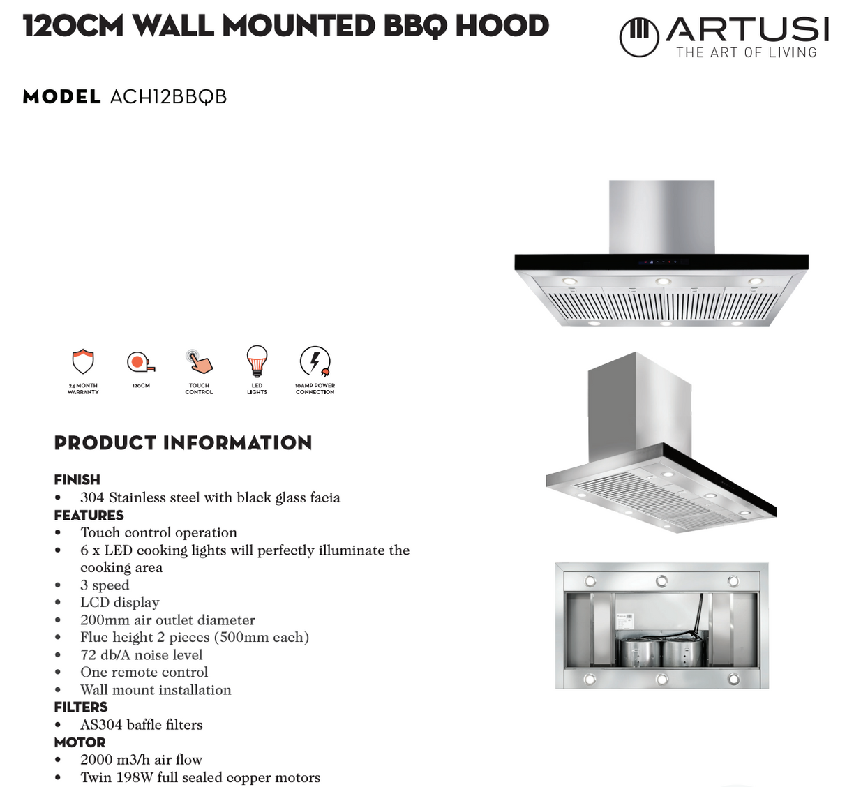 Artusi ACH12BBQB 1200mm BBQ Rangehood, Black Fascia