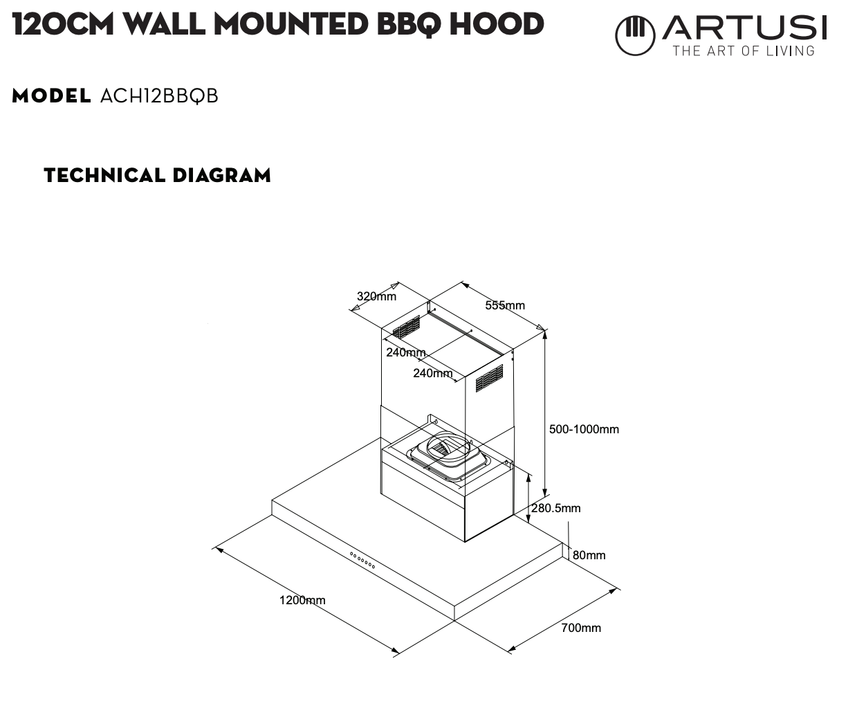 Artusi ACH12BBQB 1200mm BBQ Rangehood, Black Fascia