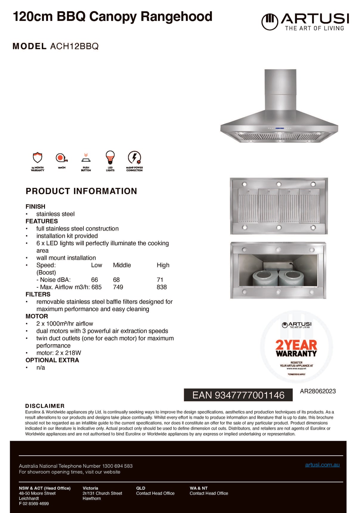Artusi ACH12BBQ 120cm Canopy Outdoor BBQ Rangehood, 2000m3/hr, Stainless Steel