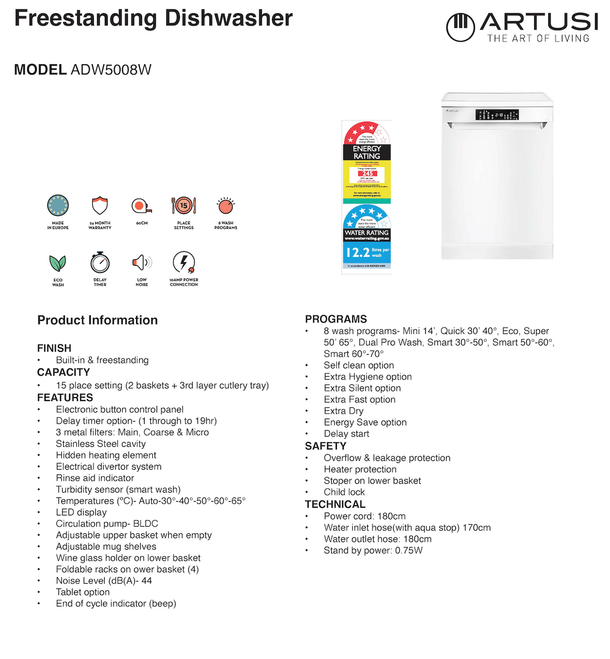 Artusi ADW5008W 60cm European Freestanding Dishwasher, White