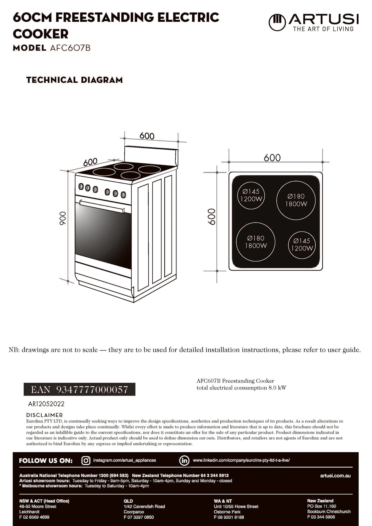 Artusi 60cm Electric Freestanding Oven Black AFC607B