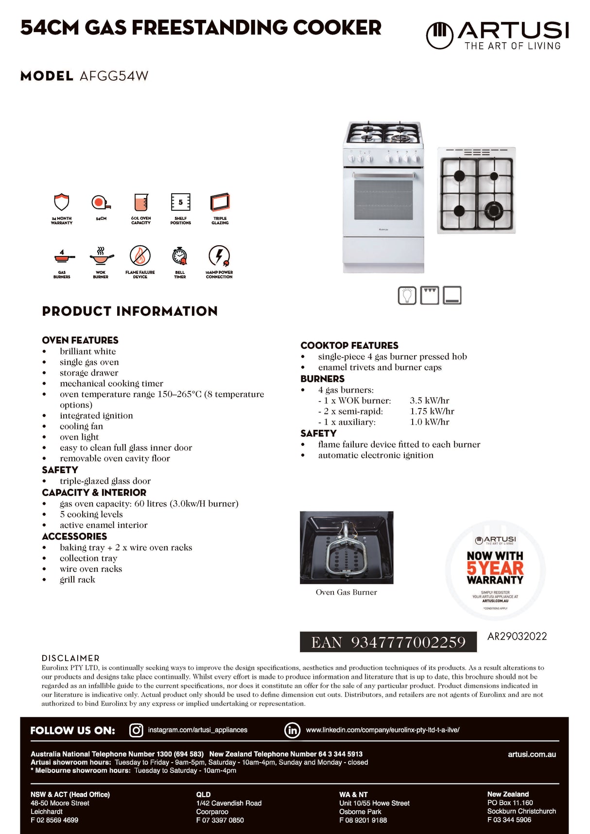 Artusi AFGG54W 54cm Gas Upright Stove, White
