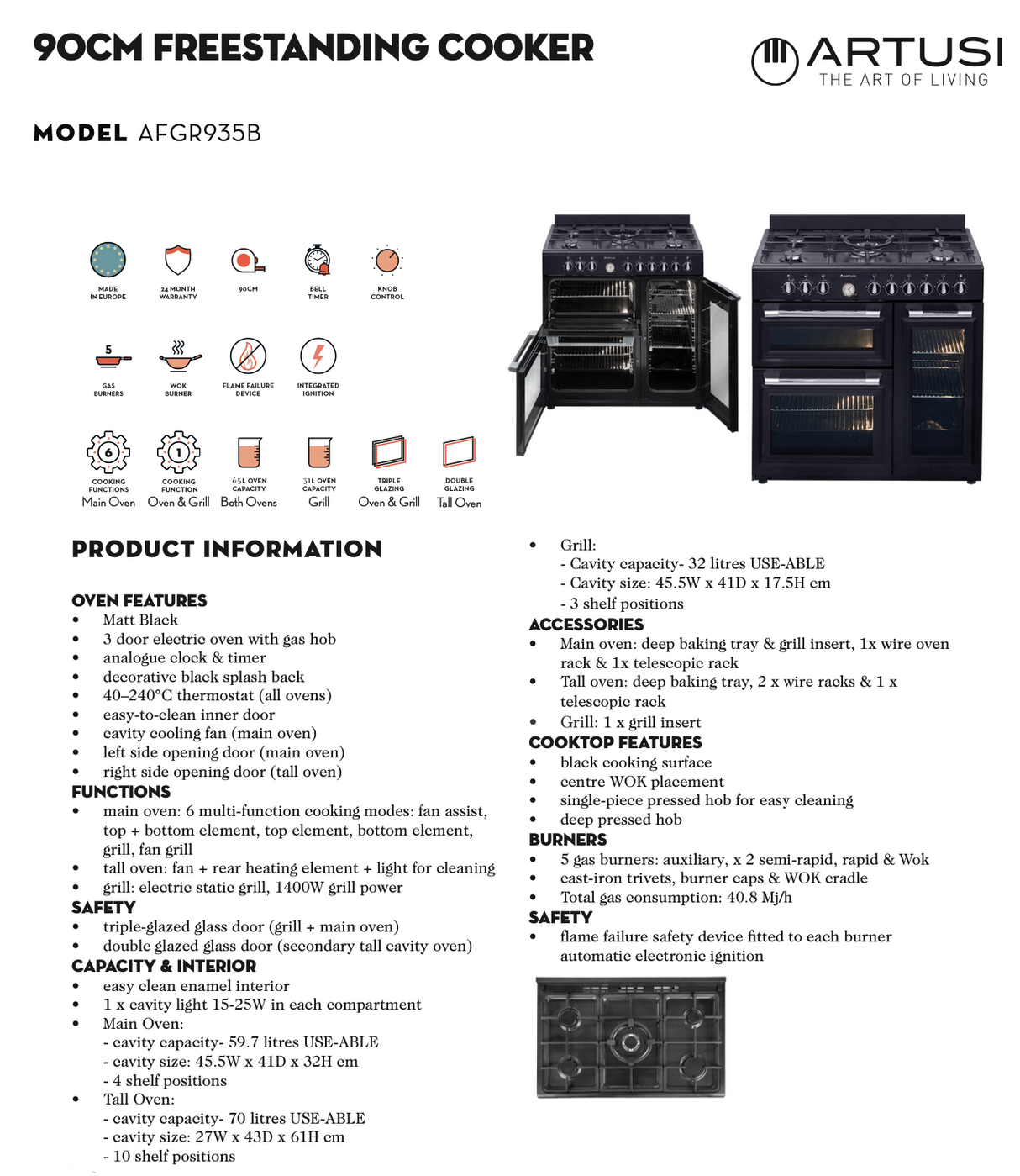 Artusi AFGR935B Freestanding Cooker 90cm with Gas Hob, Black