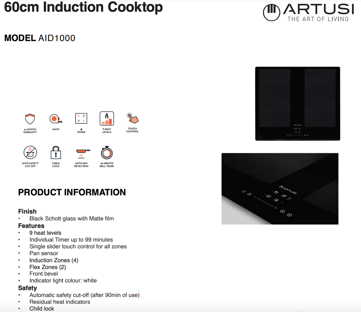 Artusi AID1000 60cm Induction Cooktop, Black