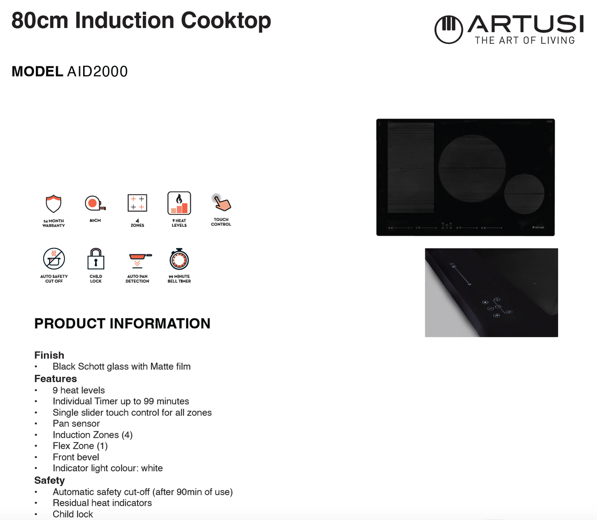 Artusi AID2000 80cm Induction Cooktop with Flexible Zone, Black