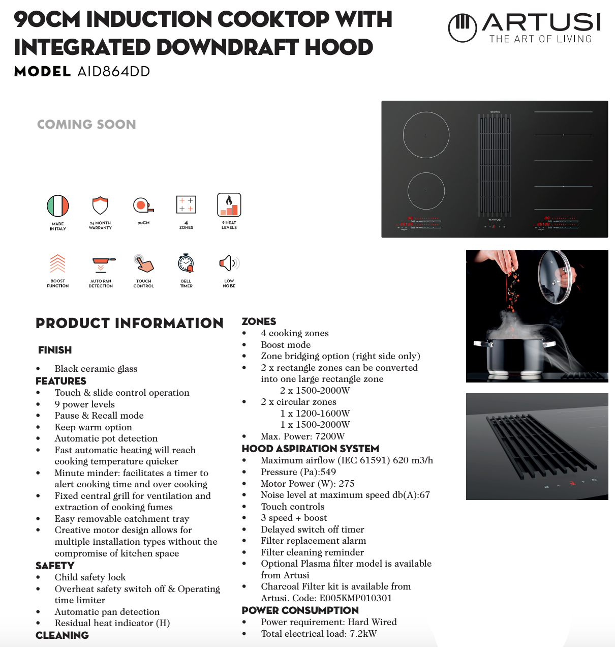 Artusi AID864DD 86cm 4 Zone Induction Cooktop with Built-In Extraction, Black
