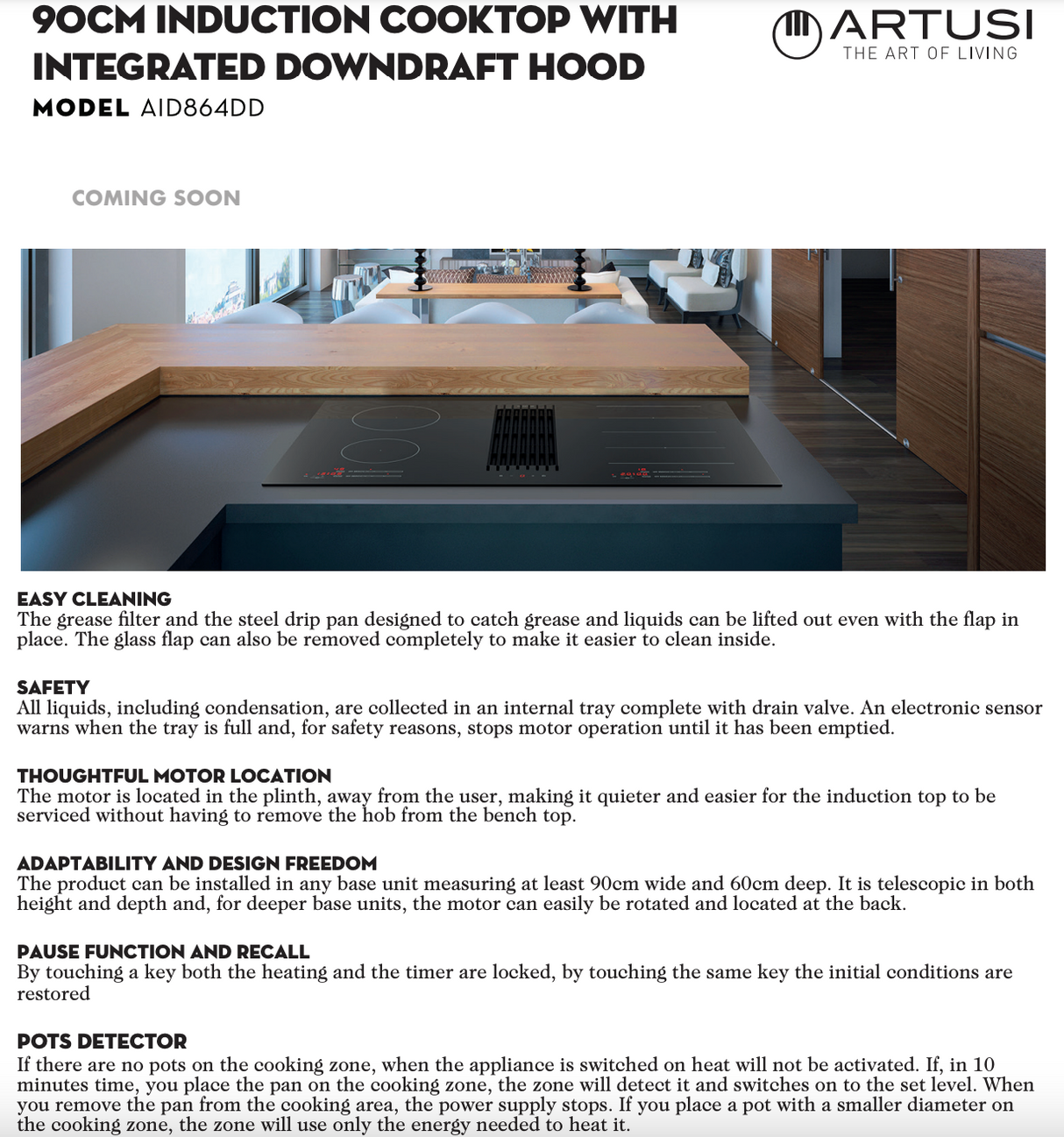 Artusi AID864DD 86cm 4 Zone Induction Cooktop with Built-In Extraction, Black