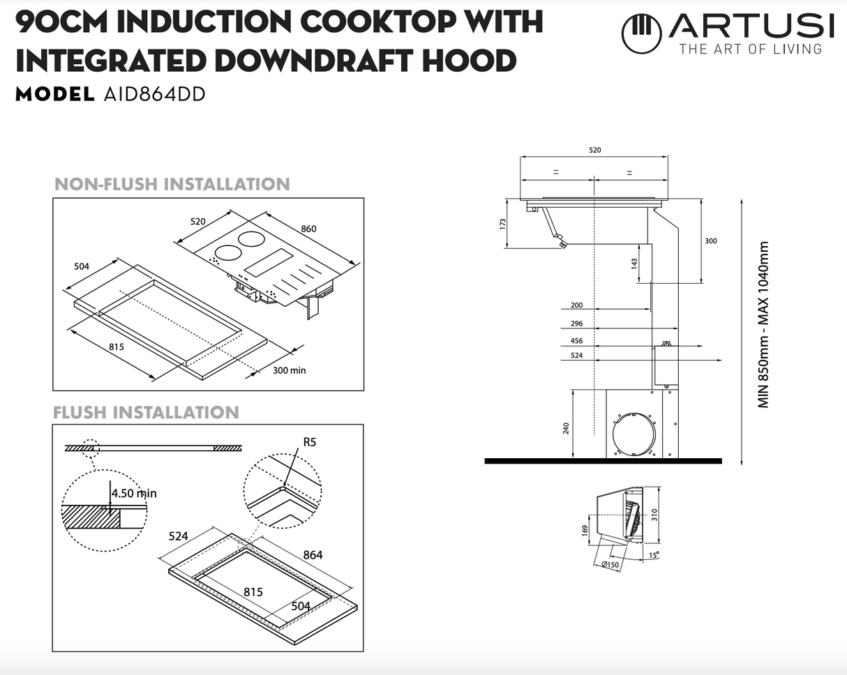 Artusi AID864DD 86cm 4 Zone Induction Cooktop with Built-In Extraction, Black
