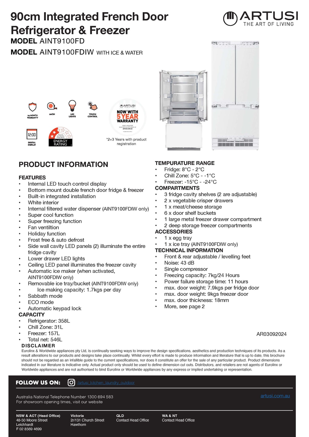 Artusi AINT9100FD 91cm 546L Integrated French Door Fridge