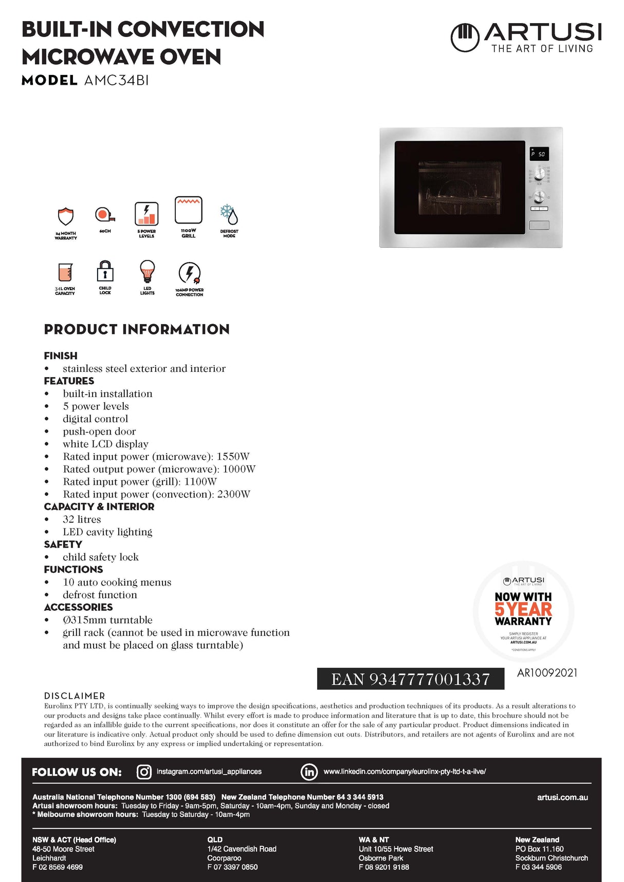 Artusi AMC34BI 32L Built-In Convection Microwave Oven, 1000W, Stainless Steel