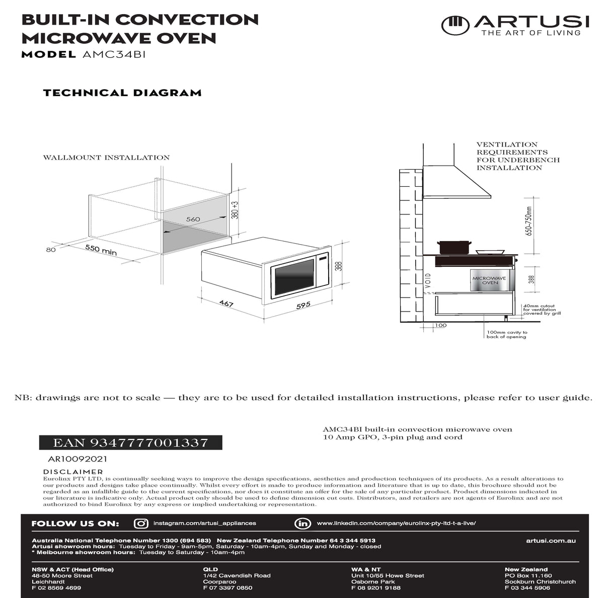 Artusi AMC34BI 32L Built-In Convection Microwave Oven, 1000W, Stainless Steel