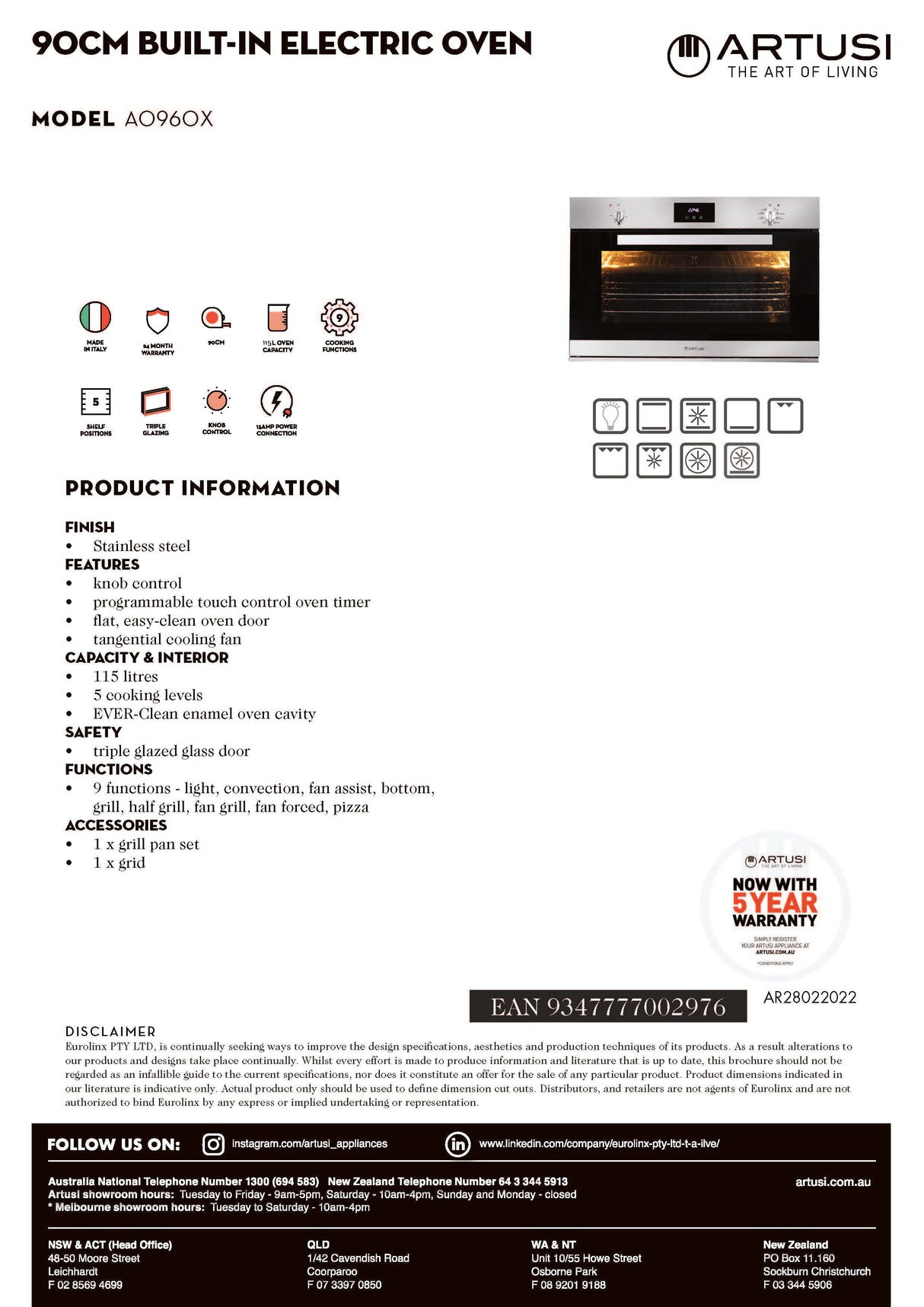 Artusi 90cm Electric Built-in Oven Stainless Steel AO960X