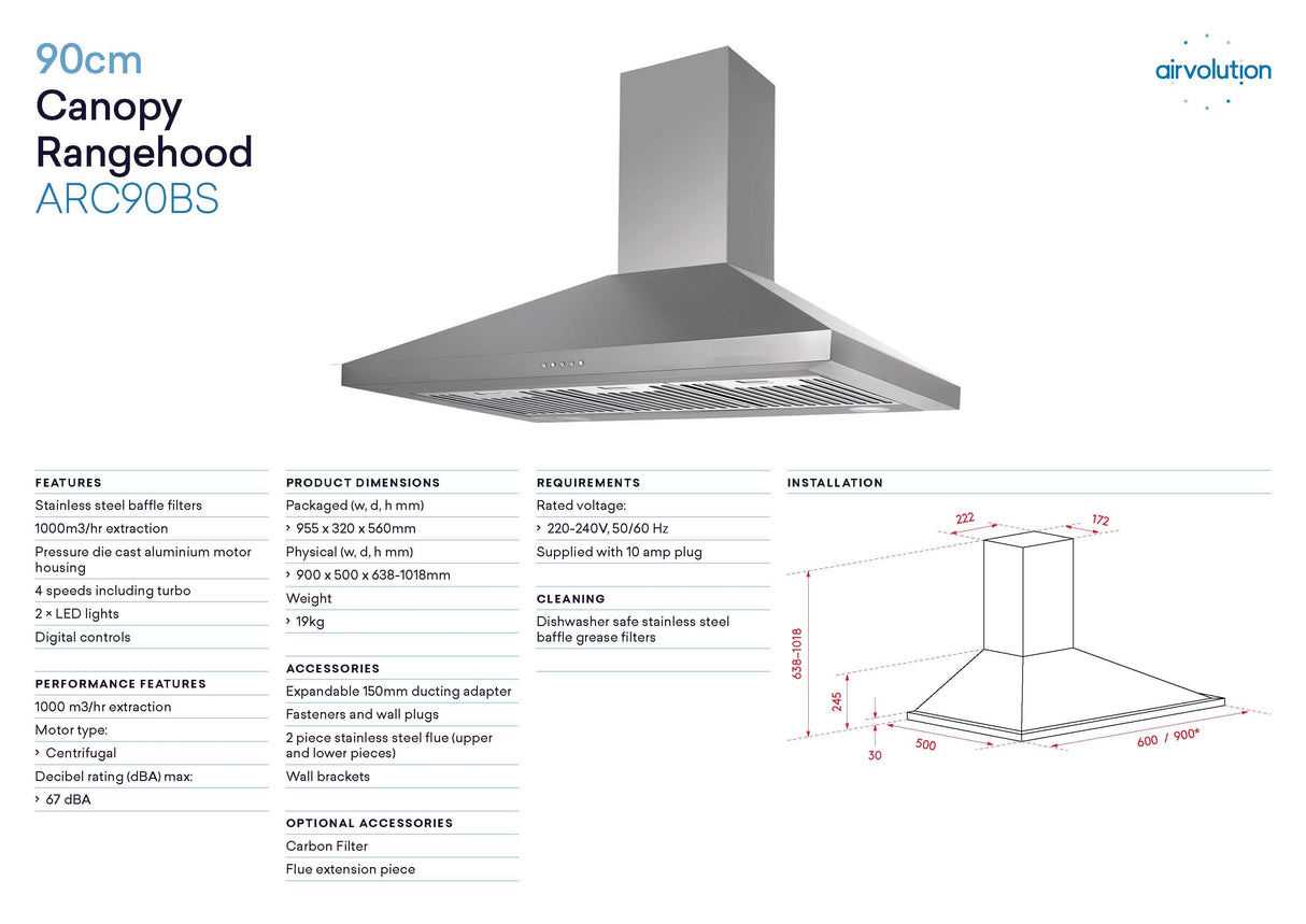 Inalto by Omega ARC90BS 90cm Stainless Steel Canopy Rangehood