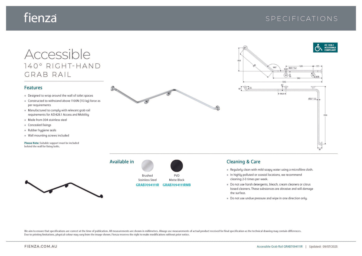 Fienza GRAB7094111RMB 140° Accessible Right-Hand Grab Rail, Matte Black