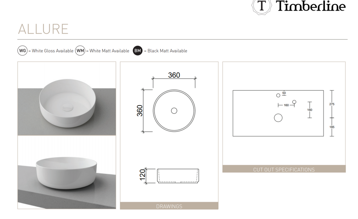 Timberline Allure BAS36AL-WM Round Basin, Matte White - Special Order