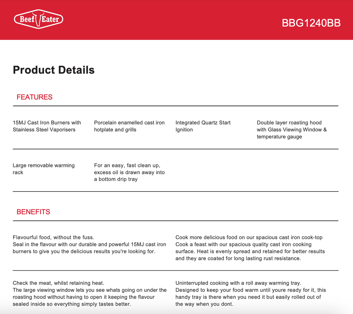 Beefeater BBG1240BB 1200 Series 4 Burner LPG Built-In BBQ - Beefeater Factory Seconds